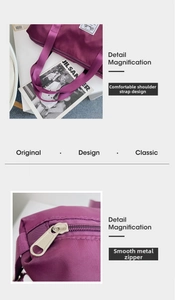 Detail of purple travel bag featuring comfortable straps and smooth metal zippers