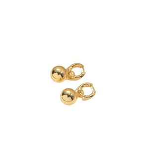 French vintage 14K gold plated textured hoop earrings with smooth bead pendant charms