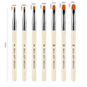 Set of 7 UV gel nail art brushes with clear glitter handles and orange round tips