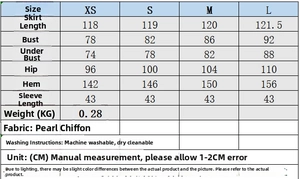 Detailed size chart for lace lingerie dress with measurements for XS to L in cm