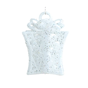 White glitter gift box Christmas tree ornament with metal ring on white background