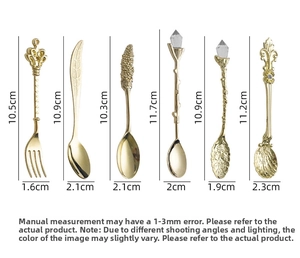 Size guide for vintage gold coffee spoon set including crown and leaf patterns