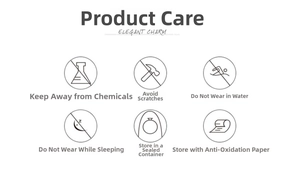 Detailed jewelry care guide with icons showing maintenance tips for the crystal set