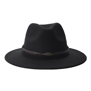 Close-up of black felt fedora hat featuring a brown braided band and metal rhino buckle
