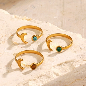 Set of three gold moon rings with natural turquoise malachite and tiger eye stones