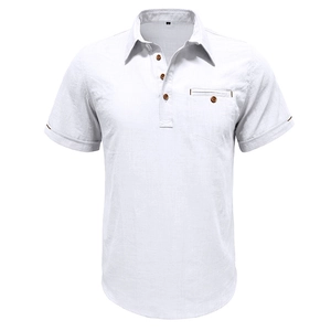 Close-up of white cotton linen shirt showing breathable fabric texture and wooden button