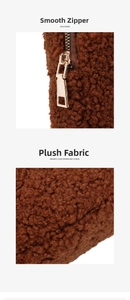 Detailed close-up of brown sherpa fabric texture and smooth gold metal zipper on crossbody bag