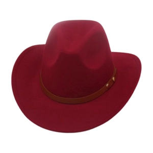 Detail of burgundy wool fedora hat featuring a brown leather band with gold rivets
