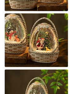 Detail of Santa and snowman inside a lit Christmas snow globe with a woven base