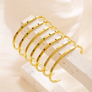 Minimalist C-Shaped Cuff Bracelet 18K Gold Plated Stainless Steel Colorful Cubic Zirconia Open Bangle Fashion Jewelry For Women