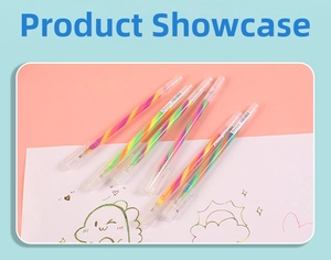 Close-up of five rainbow gel pens with spiral ink on a hand-drawn illustration paper