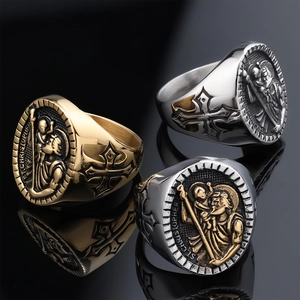 Retro Anubis St. Christopher rings with cross design in gold and silver steel finish