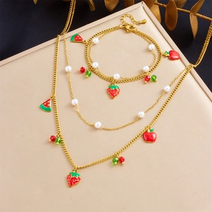 Edelstahl Schmuck Halskette Und Armband Fruchtanhänger Erdbeere Wassermelone Apfel Künstliche Perlenanhänger Süße Mode Frauen