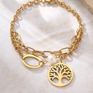 Golden double-layer stainless steel tree of life bracelet with white pearl charm