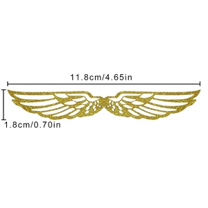Detail showing golden glitter wing ornaments with specific dimensions of 11.8cm by 1.8cm