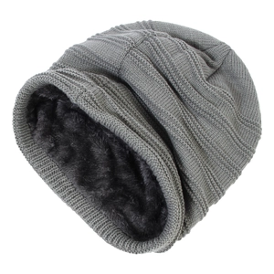 Grey winter knitted hat with thick black fleece lining for men and women outdoors