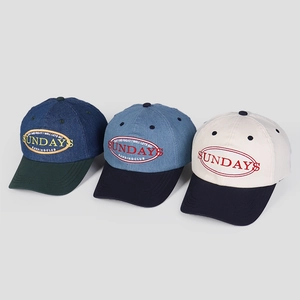 Detailed close-up of three patchwork baseball caps featuring SUNDAYS letter embroidery