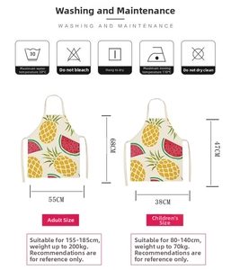 Size chart for cartoon aprons showing adult and child dimensions with care instructions