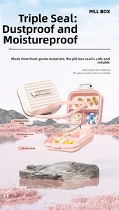 Detailed view of pink portable pill box with seven compartments and moisture-proof seal
