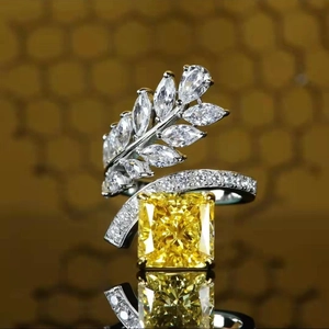 Luxury Square Radiant Cut Zircon Adjustable Ring Leaf Design Elegant Jewelry For Women