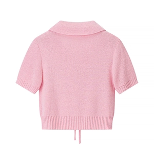 Pink short sleeve knit polo top with drawstring hem shown from back view on white background