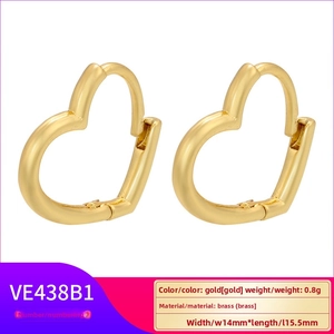 Golden brass heart-shaped hoop earrings measuring 14mm by 15.5mm with a weight of 0.8g