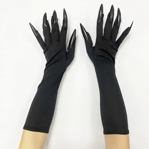 Detail of long black satin cosplay gloves featuring long sharp pointed resin claws