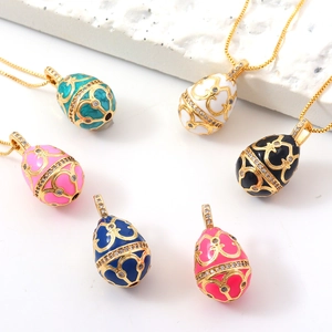 Faberge Style Egg Pendant Necklace Copper Gold Plated Enamel Zircon Micro Inlay Vintage Jewelry For Women Elegant