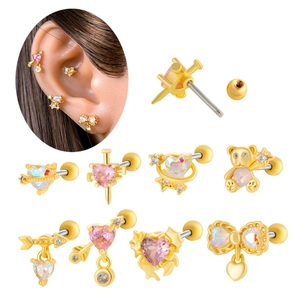 Stainless Steel Copper Rhinestone Cartilage Stud Heart Bear Bowknot Piercing Jewelry Helix Tragus Screw Back Earrings For Women