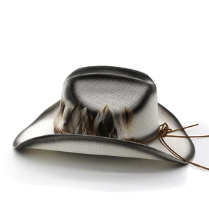 Detailed view of western straw hat featuring natural feathers and woven texture