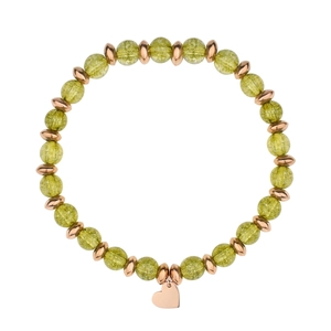Fashionable olive green beaded bracelet with rose gold heart pendant on white background