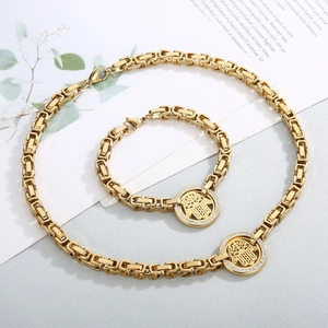 Luxurious gold stainless steel Hamsa Hand jewelry set with necklace and bracelet
