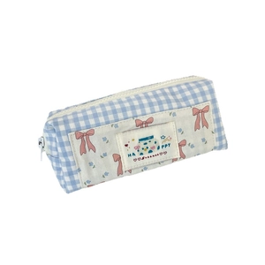 Large capacity plaid pencil case with blue gingham and floral patchwork design