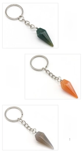 Detailed view of hexagonal agate crystal points in green, red, and grey for keychains
