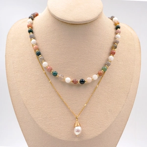 Double Layer Necklace Colorful Natural Stone Agate Artificial Baroque Pearl Pendant Stainless Steel Handmade Retro Bohemian Women