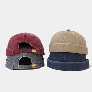 Retro washed cotton docker hats in burgundy, gray, khaki, and navy with adjustable metal buckles