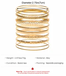 Detailed view of a 10-piece gold alloy bangle set with size and material specifications