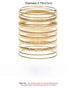 Detailed view of a 10-piece gold alloy bangle set with size and material specifications