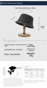 Size guide for washed denim bucket hat showing measurements and head circumference tips