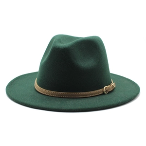 Detail view of dark green wool fedora with khaki leather strap and gold buckle