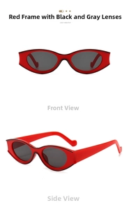 Macro view of red oval cat eye sunglasses with grey lenses and metal hinge details