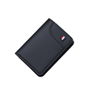 Vertical slim black leather men's wallet featuring signature red white blue stripe accent