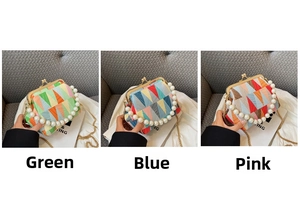 Retro geometric woven shell bag with pearl handle and metal chain shoulder strap