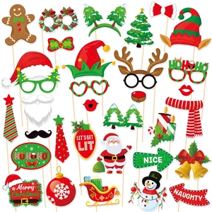 Christmas Party Photo Booth Props Set Paper Santa Claus Reindeer Glasses Mustache Hat For Holiday Celebration New Year Decorations
