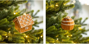 Detailed view of gingerbread house and cupcake ornaments with festive frosting textures