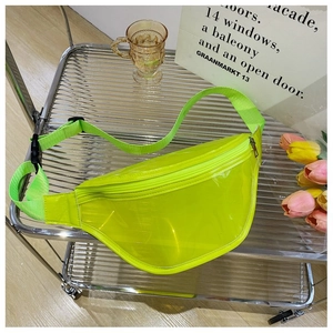 Detail of neon green transparent PVC belt bag with adjustable strap and zipper closure
