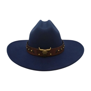 Detailed view of dark blue felt cowboy hat with leather band and metal bull skull ornament