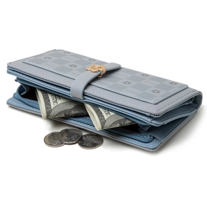 Blue-grey checkerboard women long wallet with floral hardware buckle and cash capacity