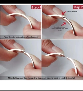 Step-by-step macro guide showing how to open the rose gold hinged bangle with press buckle