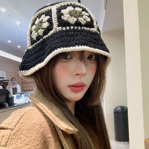 Handmade flower crochet bucket hat for women in black knit with vintage floral accents